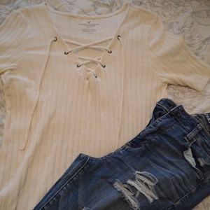 WHITE HALF SLEEVE LACE UP TOP
